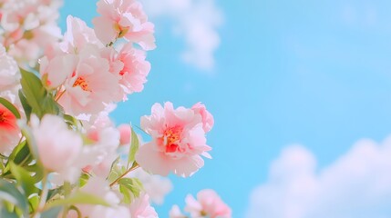 Fototapeta premium Pastel pink roses and blue sky, Generative AI