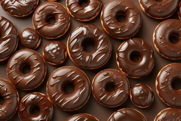Chocolate donuts with drizzled icing forming a repeating background pattern, creating a tempting and indulgent visual