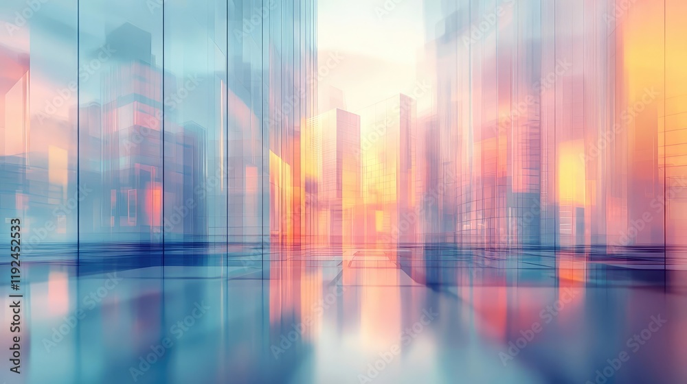 Poster Blurred abstract background idea. Futuristic cityscape with abstract reflections and vibrant colors at sunset.