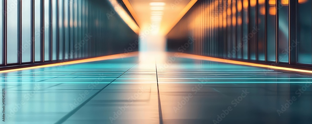 Poster blurred abstract background idea. a modern corridor with glowing lights and sleek flooring, creating