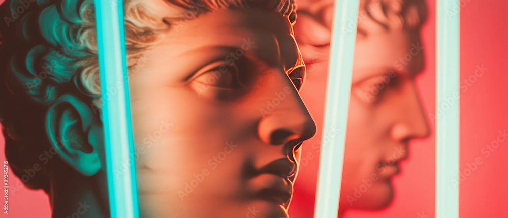 Poster classical sculptures illuminated by neon lights create a striking visual harmony