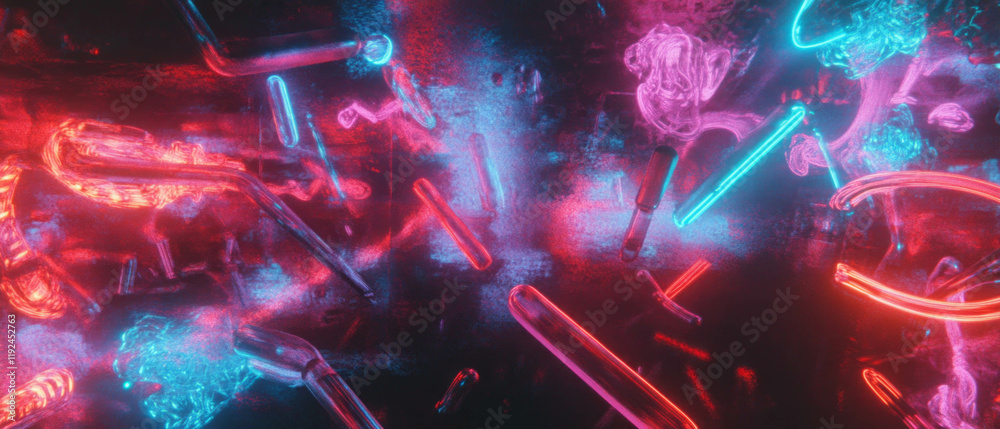 Poster blending classical elements with vibrant neon accents in a striking artistic composition