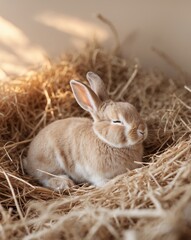 Soft Golden Light Envelops a Sleeping Bunny Nestled in Straw During the Early Morning