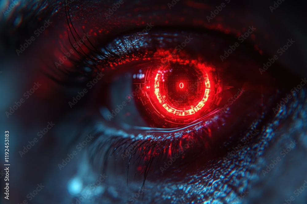 Poster a detailed view of someone's eye illuminated by a bright red light, suitable for use in medical or t