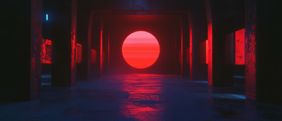 Naklejka premium Futuristic landscape featuring a vibrant red sun in a sci-fi corridor setting