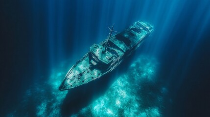 Naklejka premium Sunken ship resting on ocean floor with rays of light piercing through deep blue underwater environment