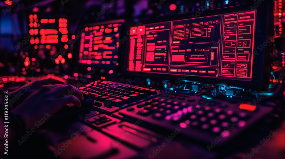 Poster cyberpunk workstation: a close-up shot of a glowing computer monitor displays a red digital interfac