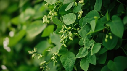 Vibrant green leaves and budding flowers interspersed with pea pods in a flourishing natural landscape