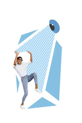 Vertical collage image of terrified person protect huge watching spying eye isolated on painted background