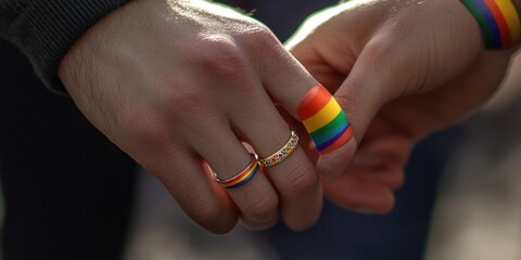 A loving couple holds hands with colorful rainbow rings, symbolizing unity and diversity
