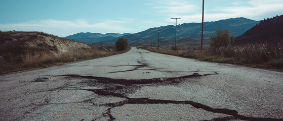 Cracked asphalt and deserted roads reveal signs of hasty evacuation in rural landscape