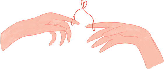 Vanelnine's Day Illustration, Two hands are reaching for each other, their fingers are tied together with a string in the shape of a heart