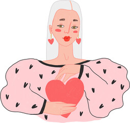 Vanelnine's Day Illustratio, A beautiful woman with white hair hugs a heart with her arms