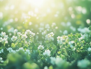 Sunlit Meadow of White Clover Flowers with Lush Green Leaves in Soft Focus Bokeh