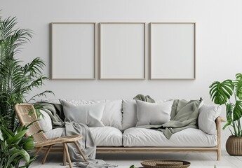 Four blank frames on a white wall, side view, minimalist design.