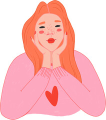 Vanelnine's Day Illustration, A lady in a sweater with hearts and a smile.
