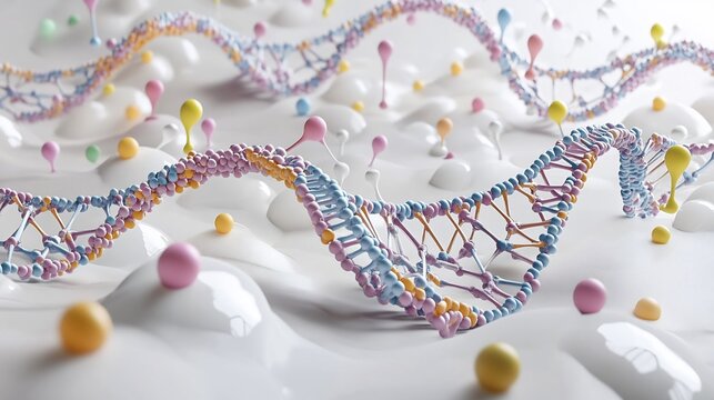 Complex illustration of nucleic acids highlighting structural features of DNA and RNA including base pairing backbones and helical configurations