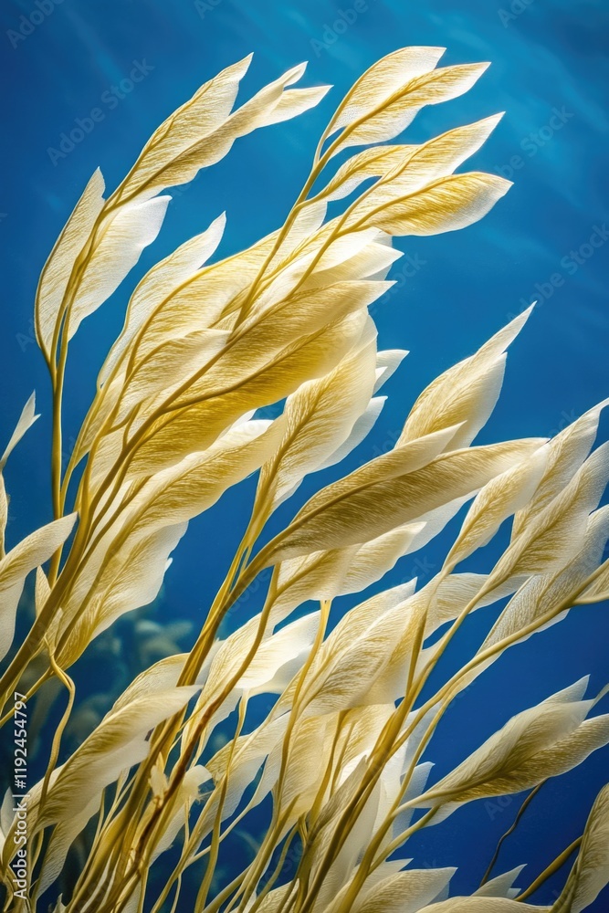 Poster a close-up view of a collection of plants with water in the background, suitable for use in gardenin