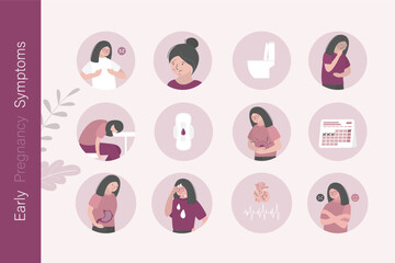 Early pregnancy symptoms. Signs pregnant woman sickness infographic pain spot, problems sick health, diarrhea, bleeding period vomiting. Pregnant woman with mood swings.
