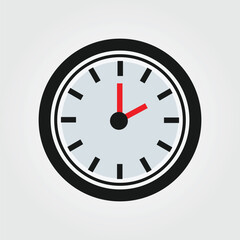 A round clock with a light gray face, black hour markers, and a black outer ring. The hour and minute hands are red, and the center point is a black circle. Simple, flat design against a light gray ba