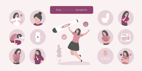 Early pregnancy symptoms. Happy woman with pregnancy test, infographic with symptom signs - pain, problems sick health, diarrhea, bleeding period vomiting.