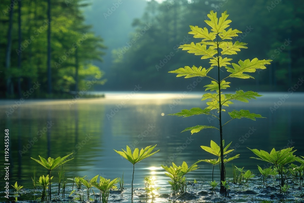 Poster a single small tree is situated in the middle of a serene lake