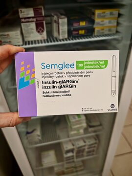Prague,Czech Republic-January 13 2025: SEMGLEE box of medication with INSULIN GLARGINE active substance by VIATRIS,used for treatment of diabetes,blood sugar control	
