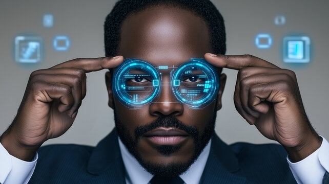 Digital Visionary: A focused Black businessman wearing futuristic smart glasses displaying holographic data, symbolizing innovation, technology, and progress. 