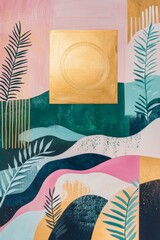 Abstract painting featuring geometric shapes and foliage, ideal for modern home decor or artistic background, showcasing vibrant colors and dynamic forms.