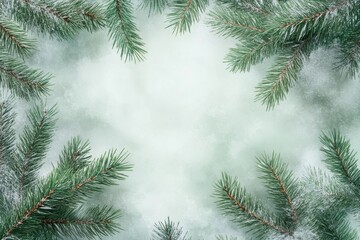 Obraz premium Snowy Pine Branches Border on a Faded Winter Background, Abstract Christmas Decoration.