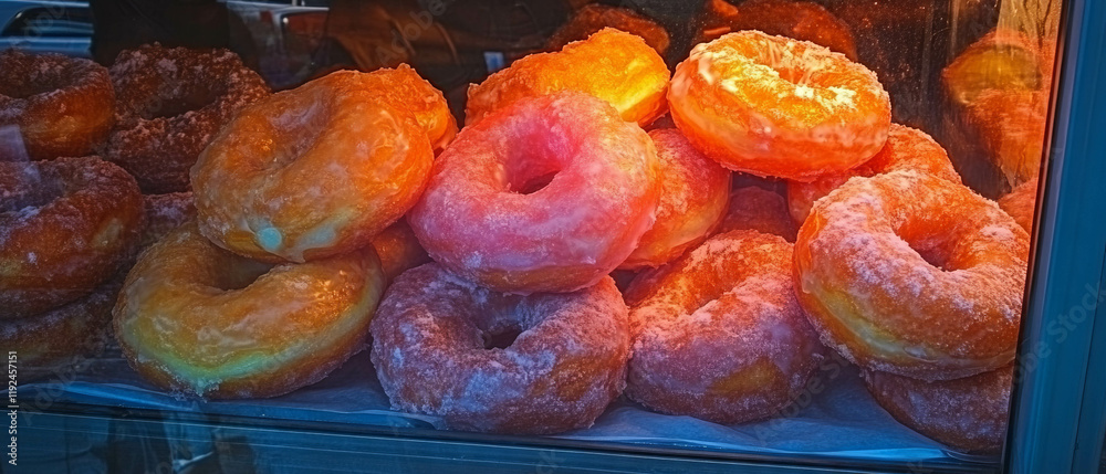 Poster Delightful assortment of colorful glazed donuts in a bakery display case