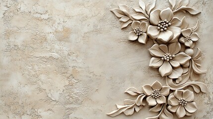 Beige Floral Wall Art Design Featuring Intricate Carving