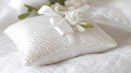 White Pillow with Flower and Ribbon Wedding Decor