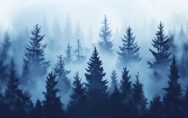 Obraz premium Misty Evergreen Forest Silhouette in Ethereal Fog, Dreamy Landscape.