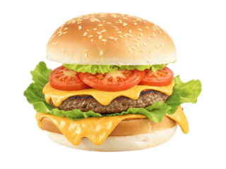 Juicy grilled hamburger with melted cheese, crisp lettuce, ripe tomato, served on a toasted bun, product hero shot, bright colors,