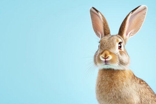 A close-up of a curious rabbit against a soft blue background, showcasing its expressive features and long ears.