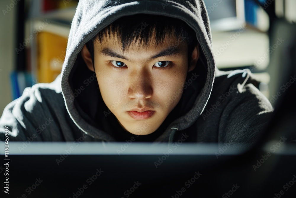 Poster a person wearing a hoodie is sitting in front of a computer screen