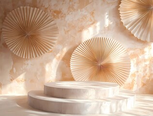 Abstract background for product presentation, stone podium with paper fans in a soft peach color.