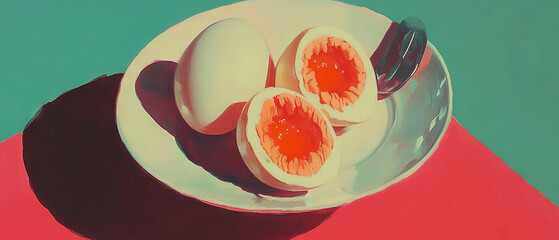 Different egg preparations on a colorful plate for a vibrant breakfast experience