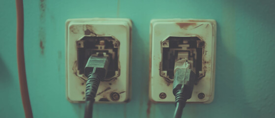 Connections between electrical outlets and plugs emphasizing power supply setup in a workspace