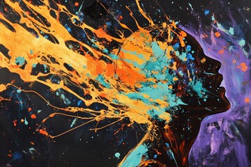 Artistic expression of a silhouette with vibrant paint splashes representing creativity, inspiration, and emotional release in a colorful abstract background.