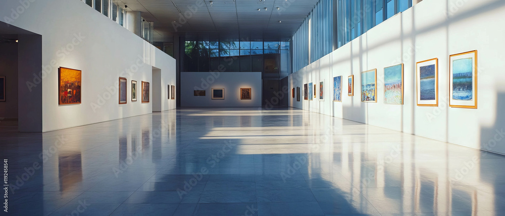 Poster spacious art gallery featuring empty walls and polished floors under soft natural light