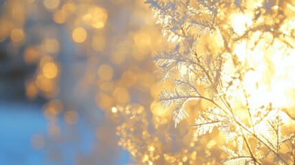 Fototapeta premium Golden glow intricate snowflake on frosted glass