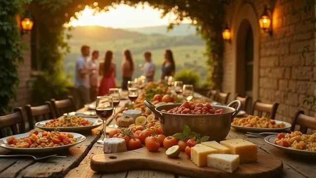 Cena r&uacute;stica al aire libre con pasta, queso y vino en la campi&ntilde;a italiana