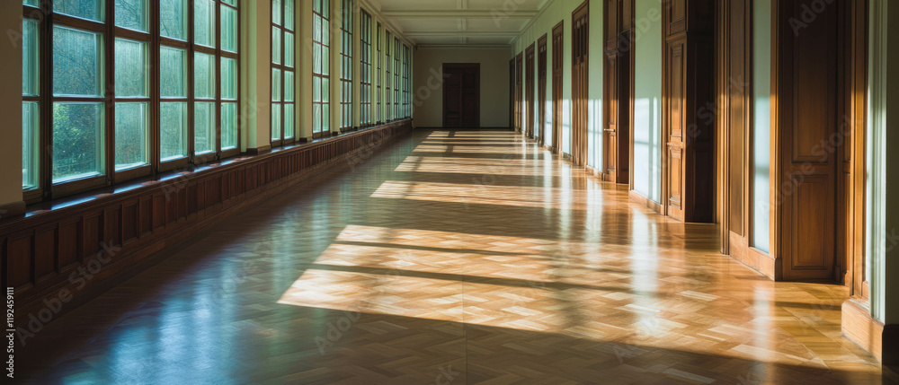 Poster Evocative empty hallway with open doors inviting exploration and new experiences