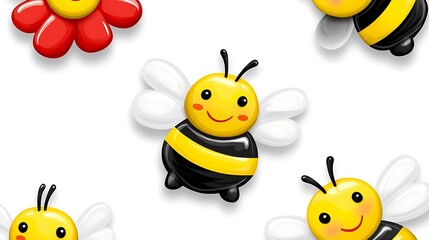 Cheerful Vector Style Pattern of Happy Bees and Flowers on White Background