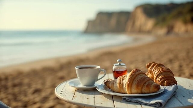 Desayuno con caf&eacute; y croissants en una mesa junto a la playa