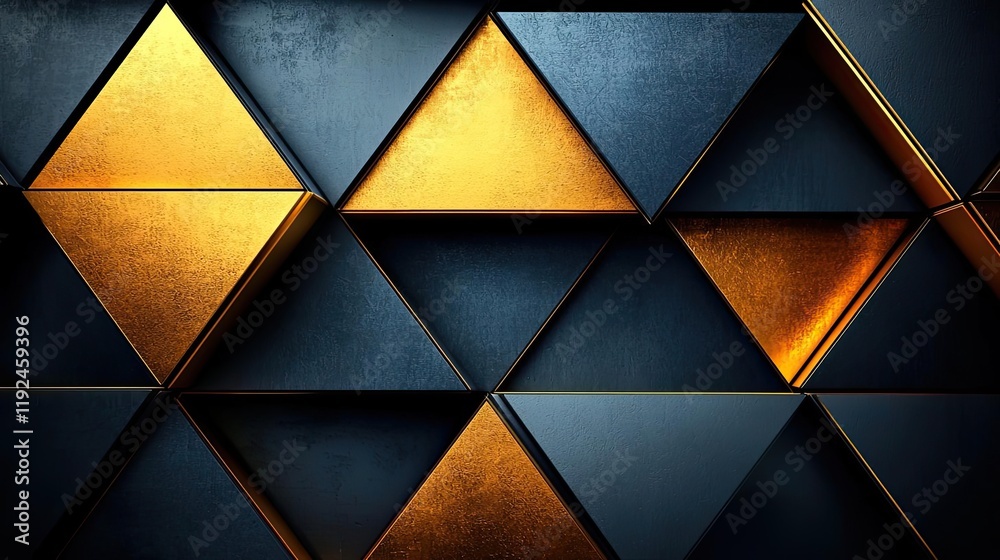 Poster Triangle abstract background concept. Stylish geometric pattern with golden and dark metallic triangles reflecting light.