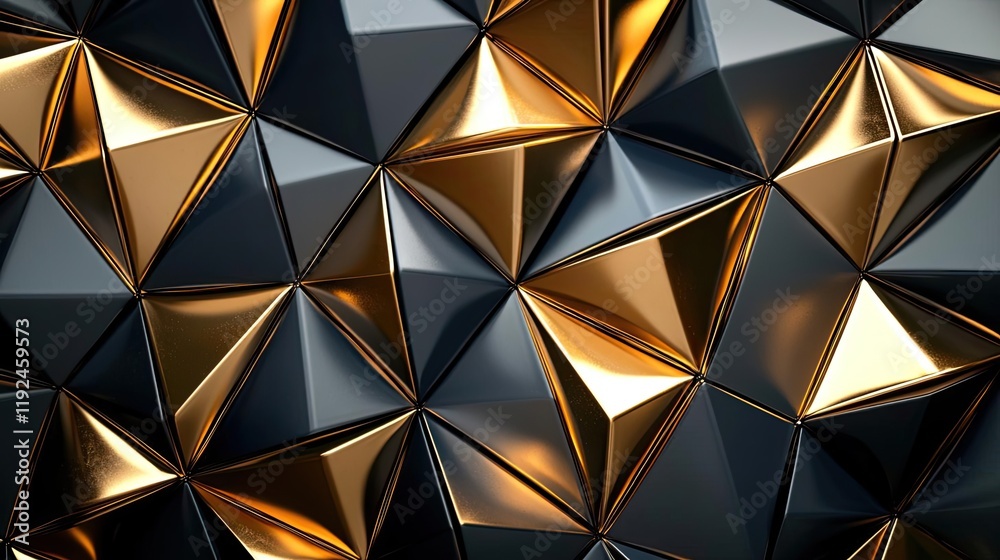 Poster Triangle abstract background concept. A close-up view of a modern geometric pattern with shiny golden and black facets.
