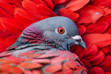 Gray pigeon with colorful feathers resting among vibrant red feathers, creating a striking contrast
